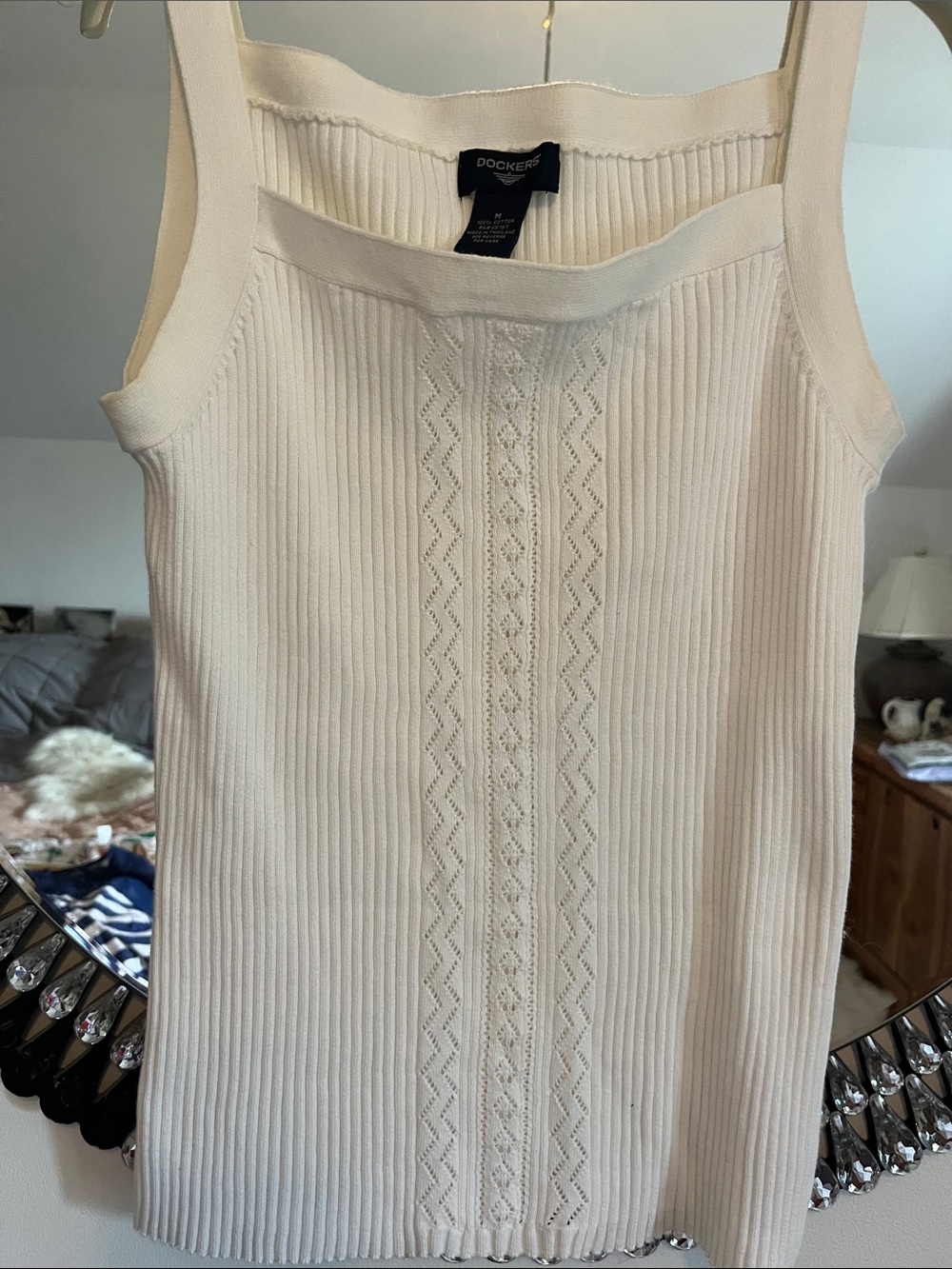 Dockers Cream Ribbed Knit Lace-Panel Tank Top